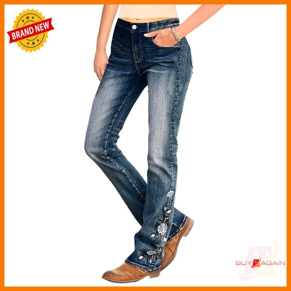 Mid Waist Flare Leg Stretch Denim Jeans with Floral Embroidery Pockets